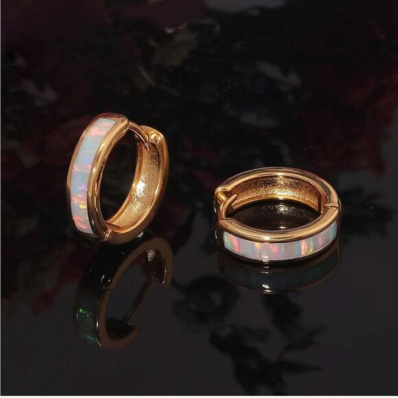 14K Yellow Gold with Genuine White Fire Opal Huggie Hoop Snap Hinge Earrings - Picture 3 of 4